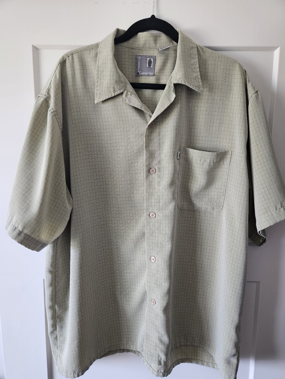 Vintage Pineapple Connection Micro Plaid Camp Shirt L Olive Green